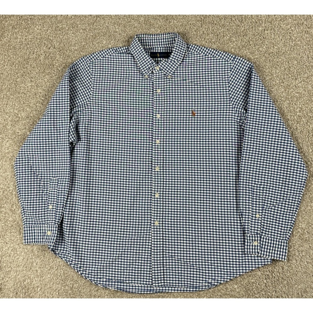 Ralph Lauren Shirt Mens 2XL Blue White Check Button Up Long Sleeve Pony XXL